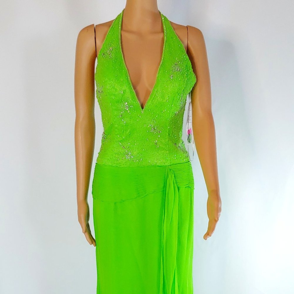 NWT Tiffany Designs Halter Top Formal Gown in Lime